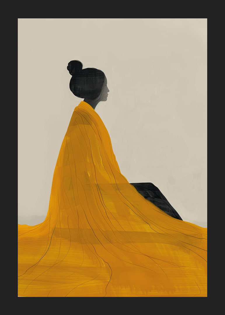 Poster with a watercolor painting of a woman in a yellow dress painted in the Japanese Edo style-12