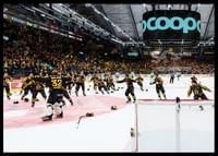 Skellefteås målvakt Linus Söderström jublar med lagkamraterna efter final fem i SHL-2