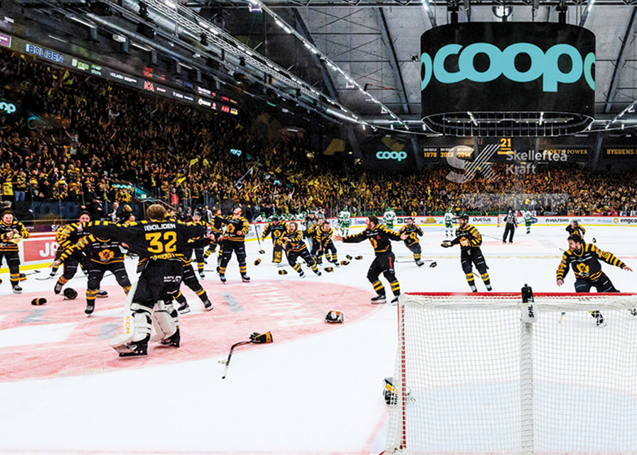 Skellefteås målvakt Linus Söderström jublar med lagkamraterna efter final fem i SHL-12