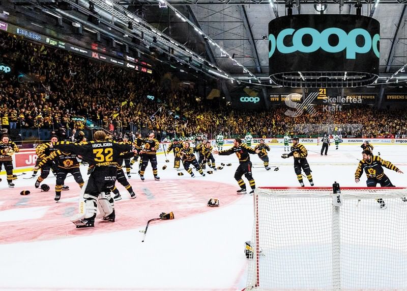Skellefteås målvakt Linus Söderström jublar med lagkamraterna efter final fem i SHL-12