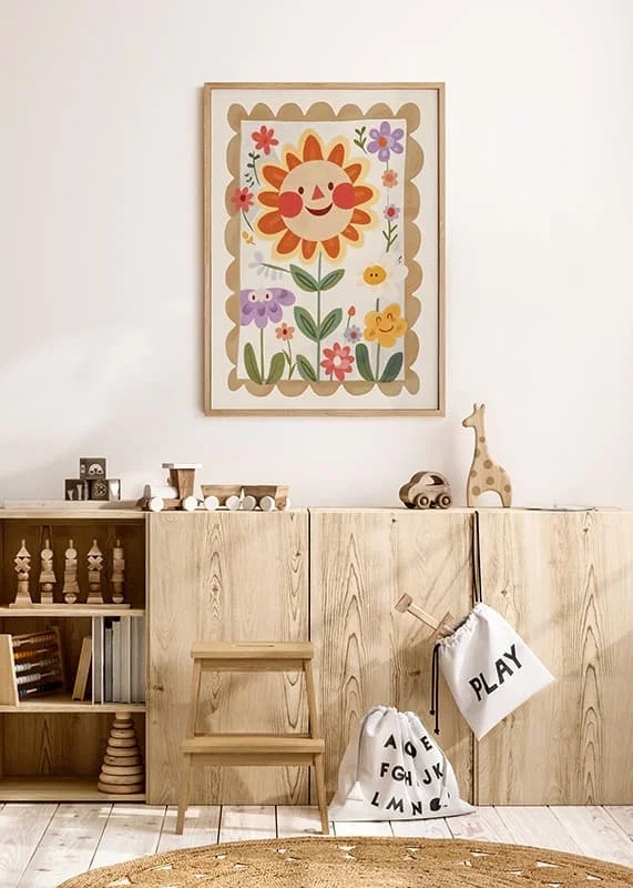 Poster with a watercolor painting of a large smiling sunflower-12