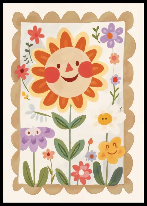 Poster with a watercolor painting of a large smiling sunflower-12