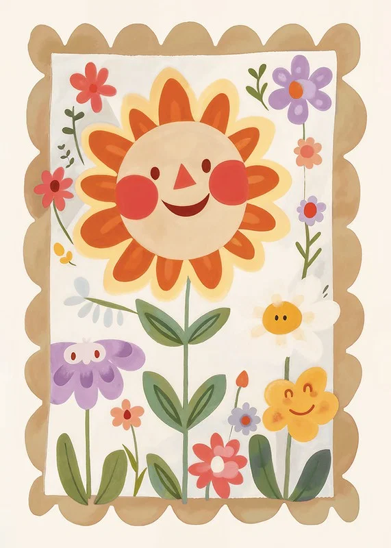 Poster with a watercolor painting of a large smiling sunflower-12