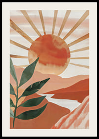 Poster with a watercolor painting of a sun over a mountainous landscape-2