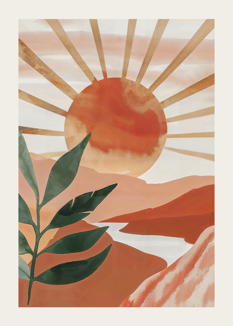 Poster with a watercolor painting of a sun over a mountainous landscape-12