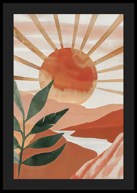 Poster with a watercolor painting of a sun over a mountainous landscape-4