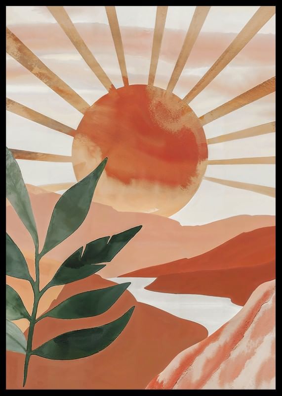 Poster met een aquarel van een zon boven een bergachtig landschap-12
