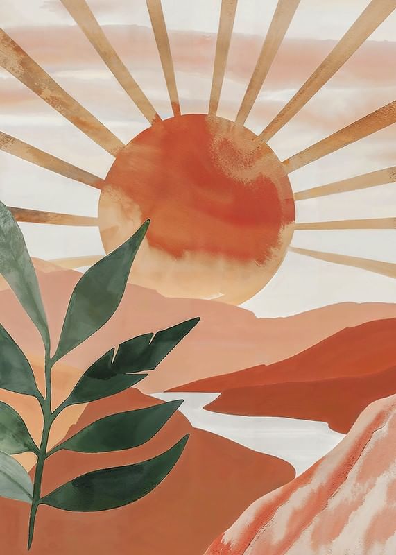 Poster met een aquarel van een zon boven een bergachtig landschap-12