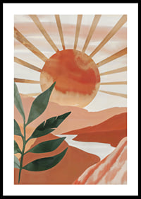 Poster with a watercolor painting of a sun over a mountainous landscape-0