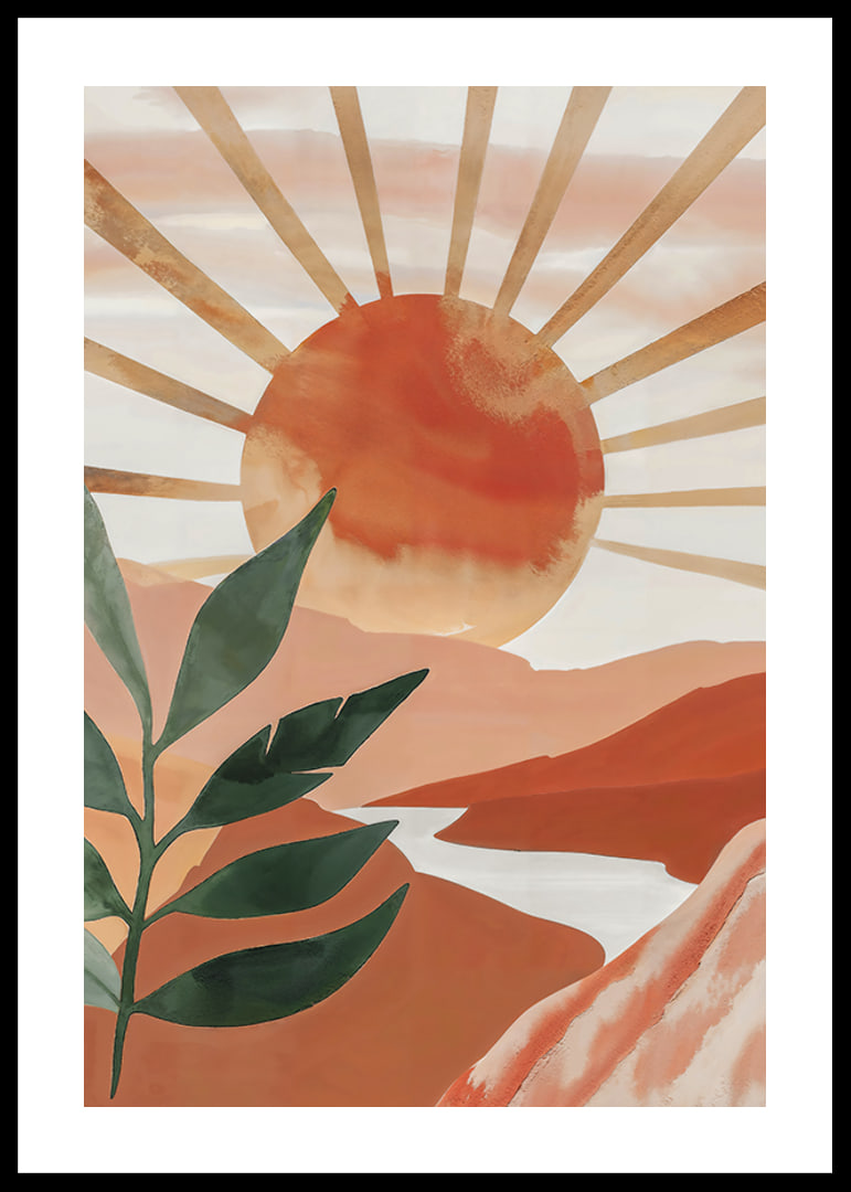 Poster with a watercolor painting of a sun over a mountainous landscape-12