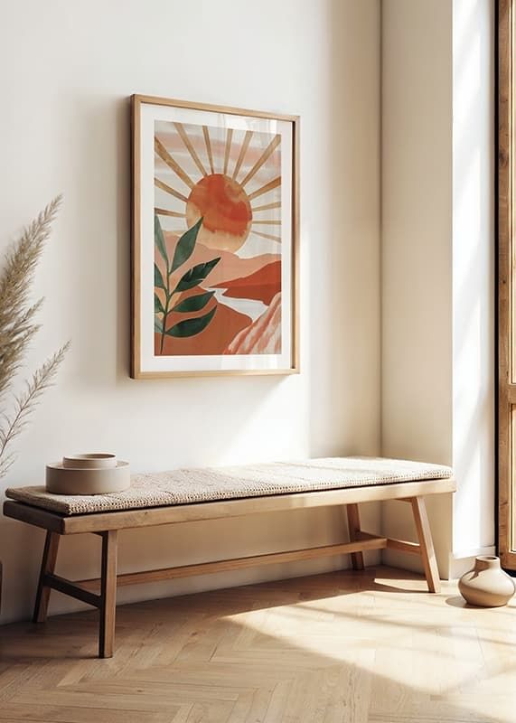 Poster met een aquarel van een zon boven een bergachtig landschap-12