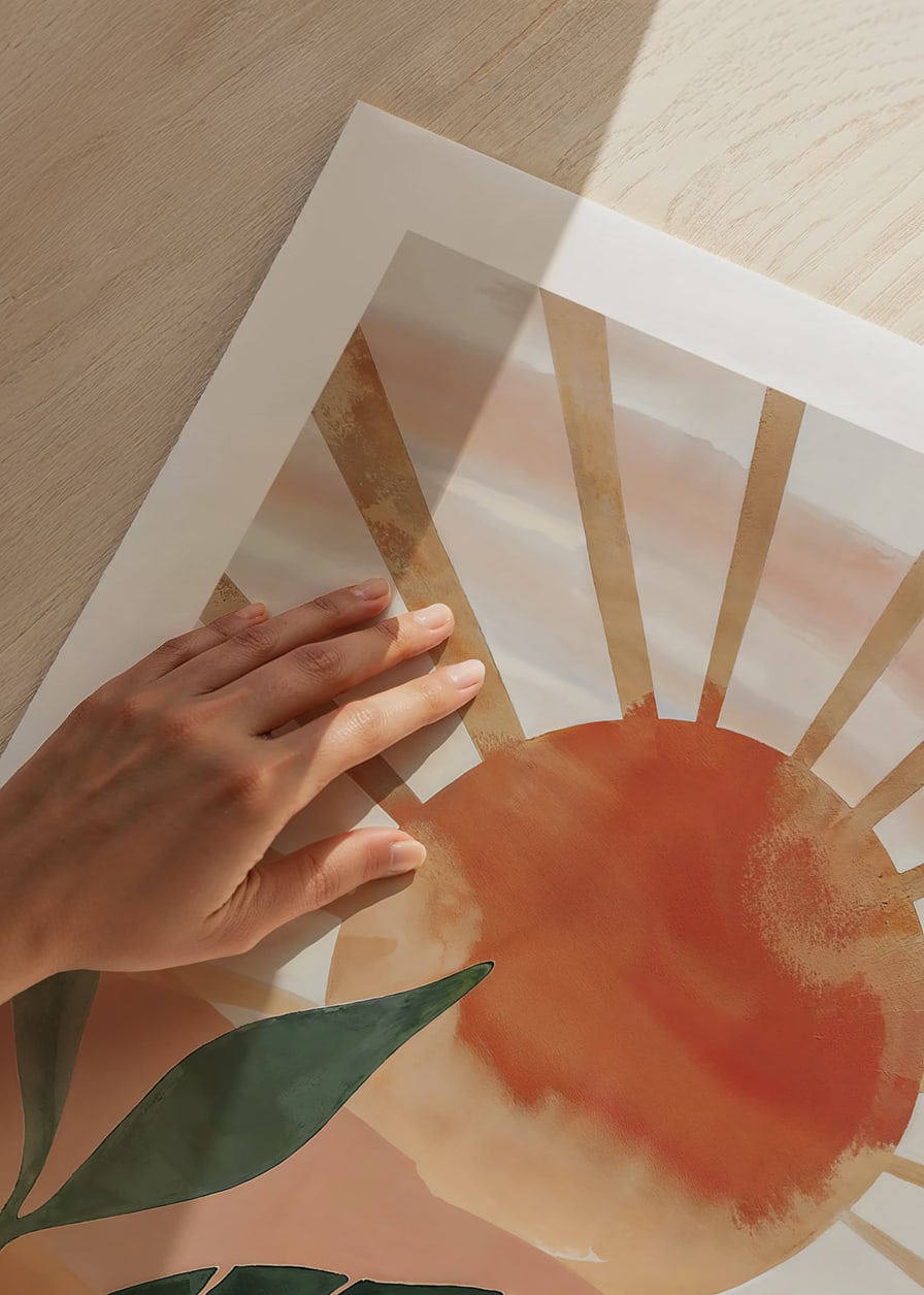 Poster with a watercolor painting of a sun over a mountainous landscape-12