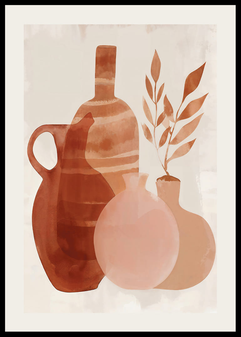 Plakat med et akvarellmaleri av vaser i jordfarger-12