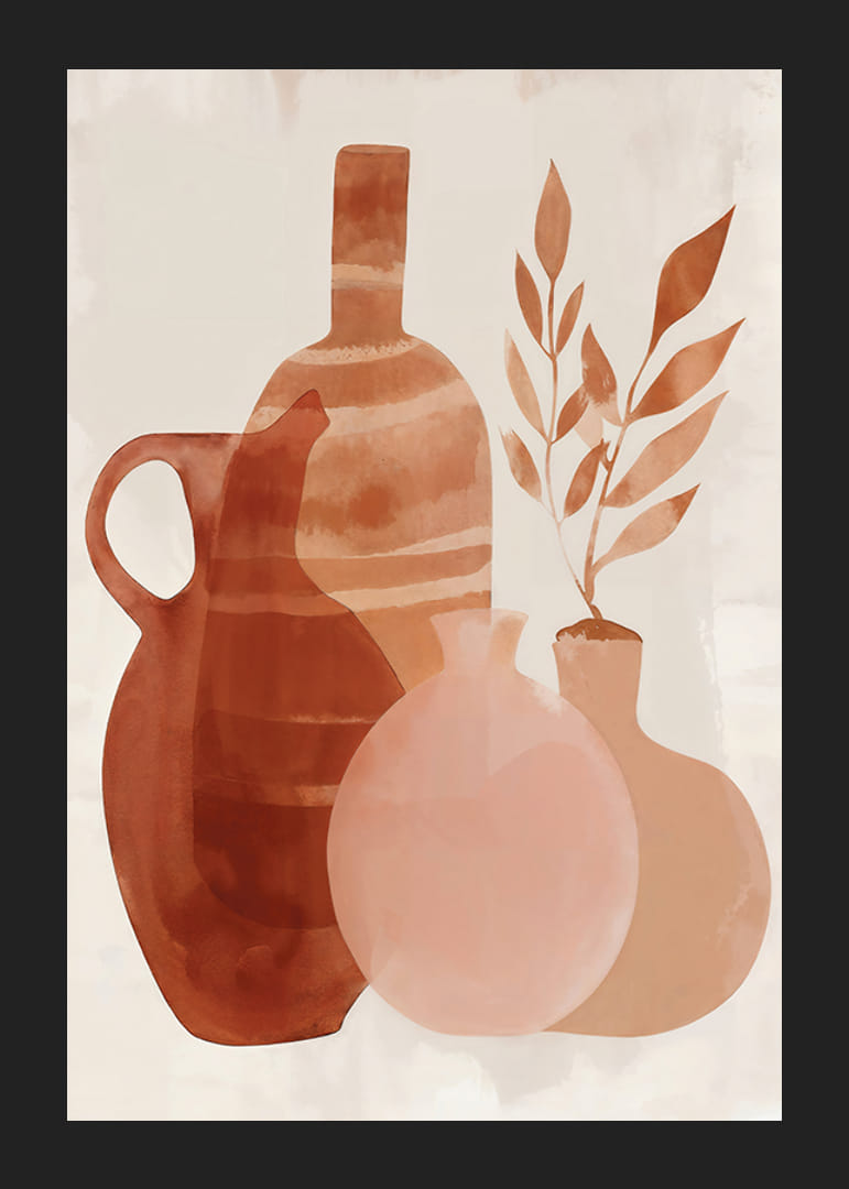Plakat med et akvarellmaleri av vaser i jordfarger-12