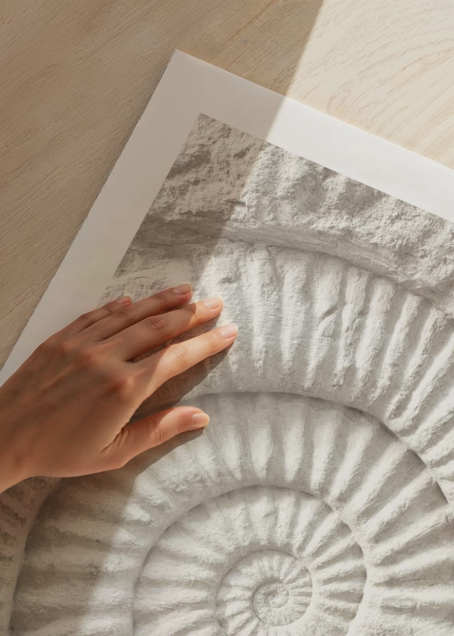 Poster featuring a detailed stone sculpture that mimics a nautilus shell fossil-12