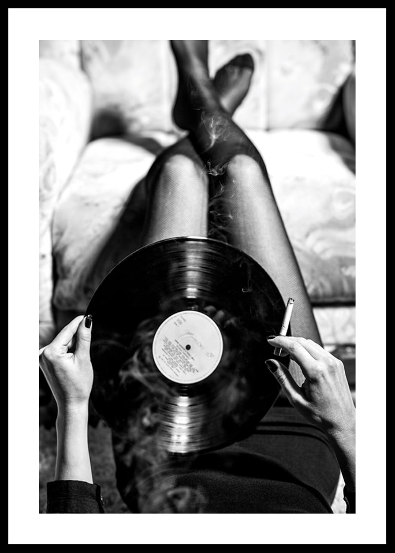 Poster with a vintage black and white photograph of a woman holding a vinyl record-12