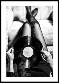 Poster with a vintage black and white photograph of a woman holding a vinyl record-2