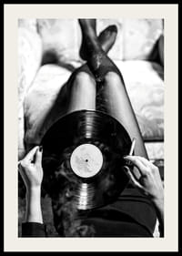 Poster with a vintage black and white photograph of a woman holding a vinyl record-4