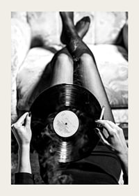 Poster with a vintage black and white photograph of a woman holding a vinyl record-5