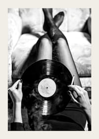 Poster with a vintage black and white photograph of a woman holding a vinyl record-5