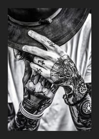 Poster from the photo art category with a black and white photograph of a man with tattooed hands-1