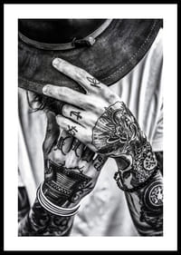 Poster from the photo art category with a black and white photograph of a man with tattooed hands-2