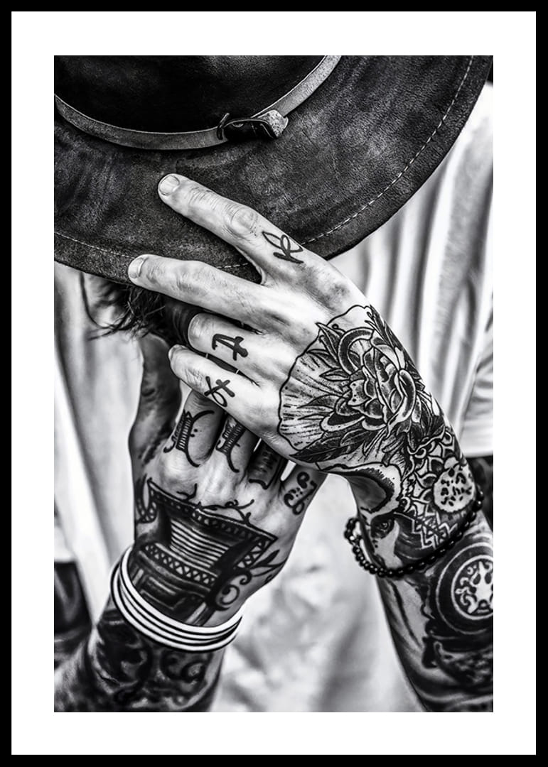 Poster from the photo art category with a black and white photograph of a man with tattooed hands-12