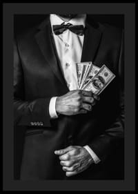 Poster with a photograph of a man in a suit holding banknotes-0