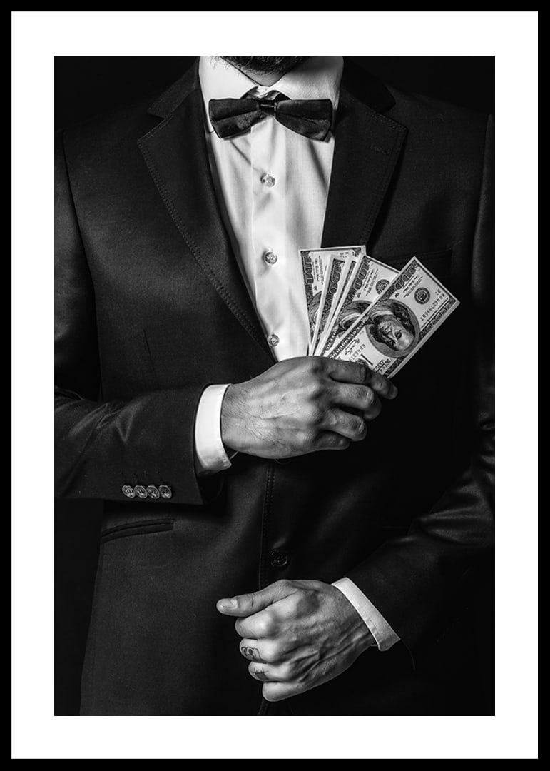 Poster with a photograph of a man in a suit holding banknotes-12