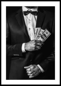 Poster with a photograph of a man in a suit holding banknotes-2