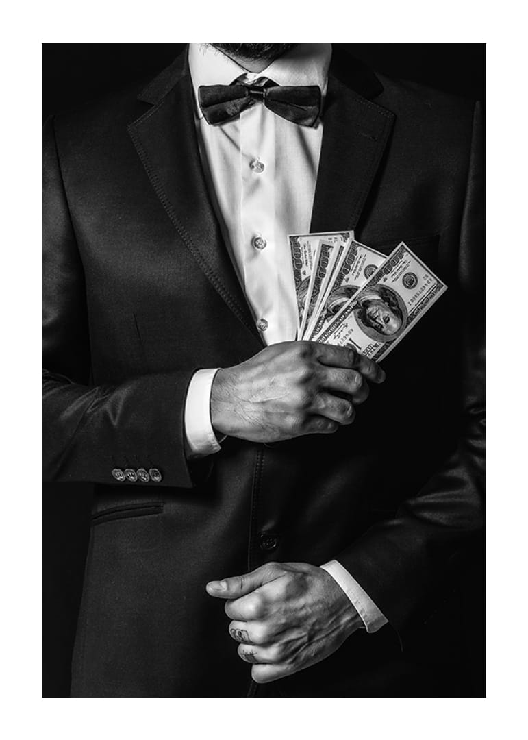 Poster with a photograph of a man in a suit holding banknotes-12