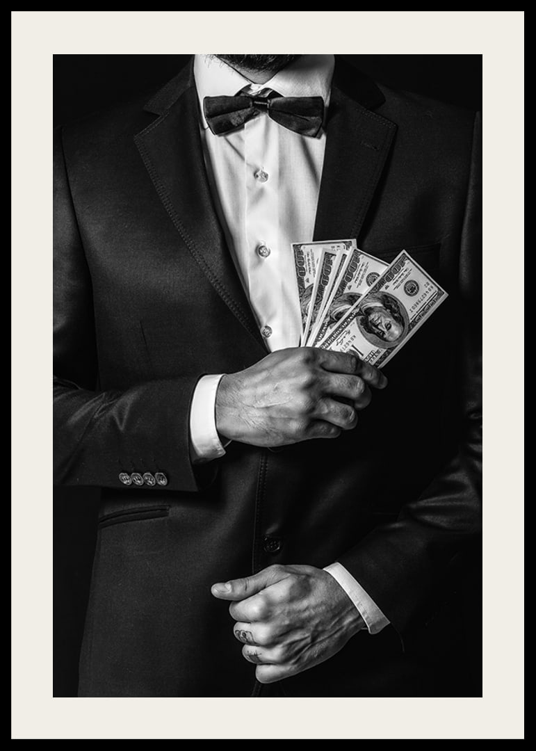 Poster with a photograph of a man in a suit holding banknotes-12