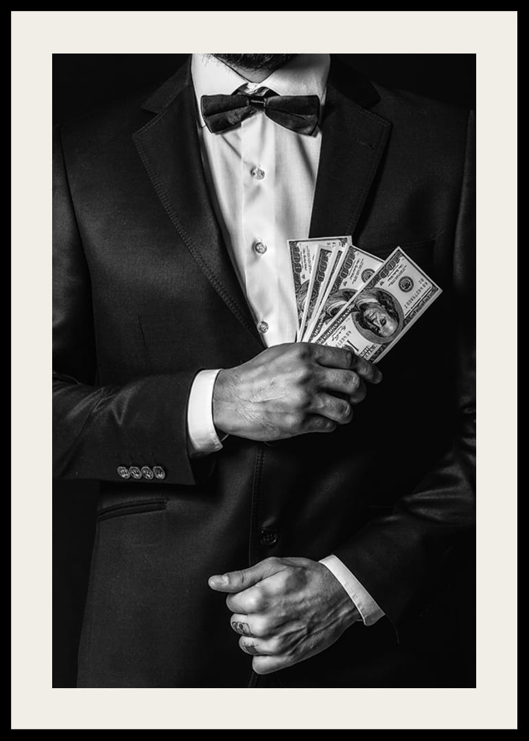 Poster with a photograph of a man in a suit holding banknotes-12