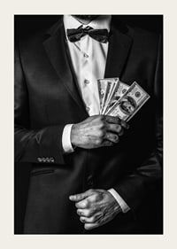 Poster with a photograph of a man in a suit holding banknotes-5