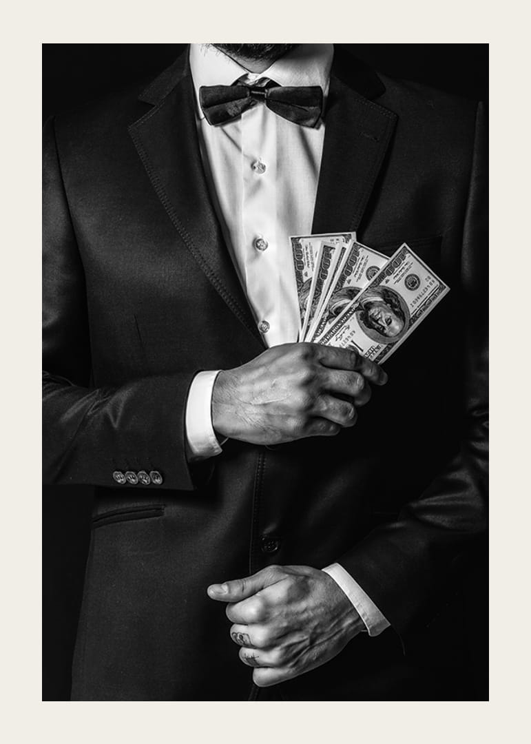 Poster with a photograph of a man in a suit holding banknotes-12