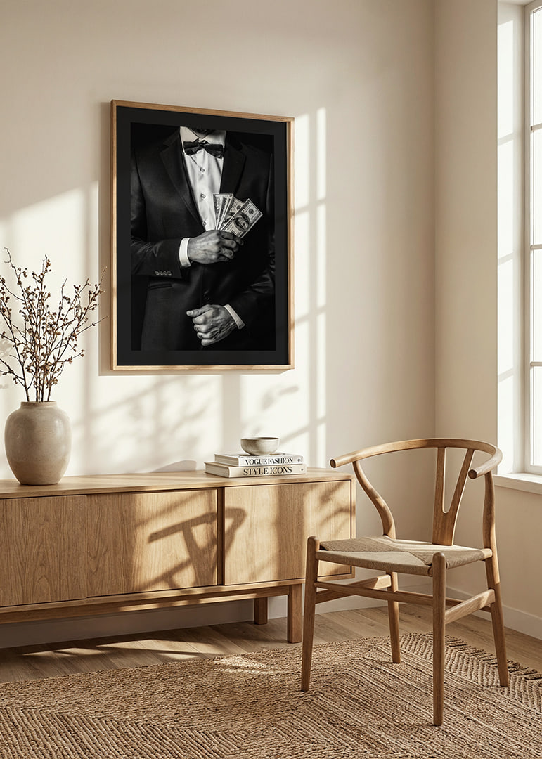 Poster with a photograph of a man in a suit holding banknotes-12