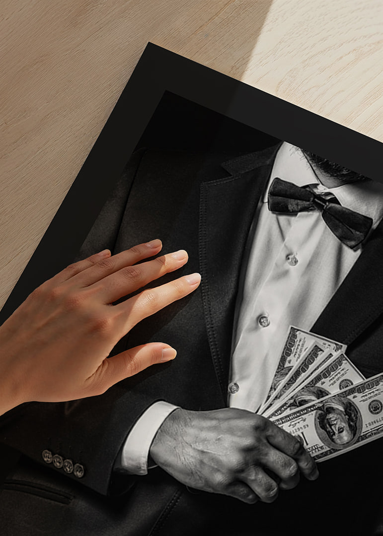 Poster with a photograph of a man in a suit holding banknotes-12