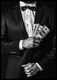 Poster with a photograph of a man in a suit holding banknotes-6