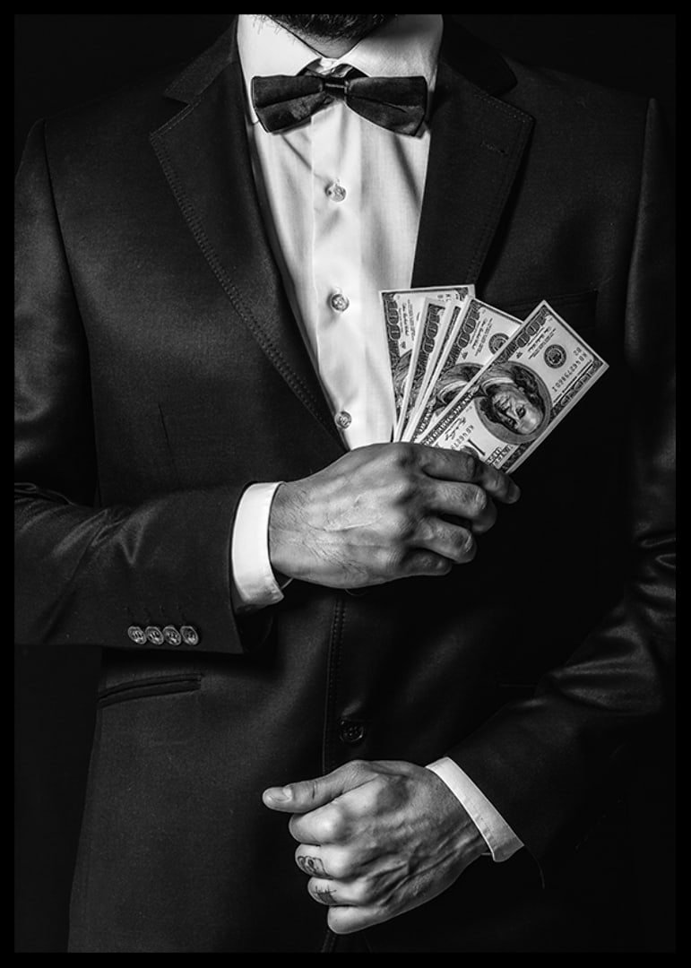 Poster with a photograph of a man in a suit holding banknotes-12