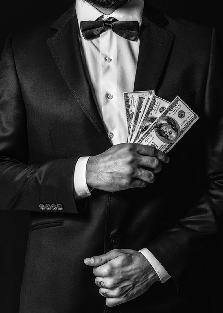 Poster with a photograph of a man in a suit holding banknotes-12