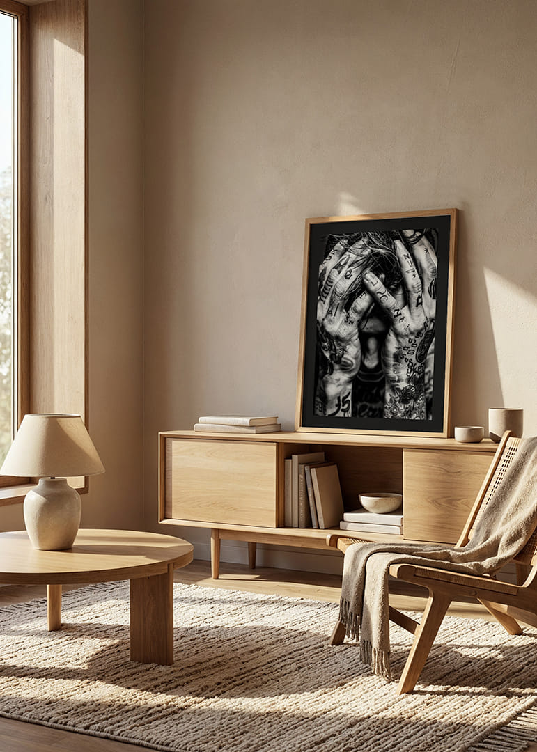 Melnbalts plakāts ar vīrieša fotogrāfiju, kura seja ir paslēpta tetovētajās rokās-12