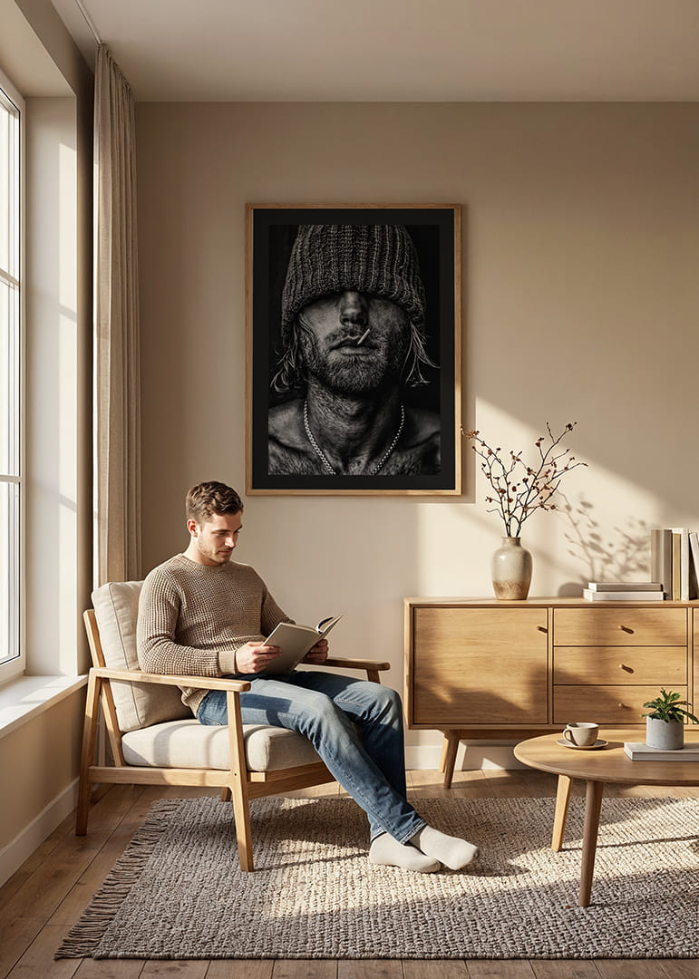 Čiernobiely plagát s fotografiou muža so stiahnutou šiltovkou cez oči-12