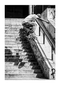 Black and white poster with a photograph of a skateboarder jumping down a flight of stairs-1