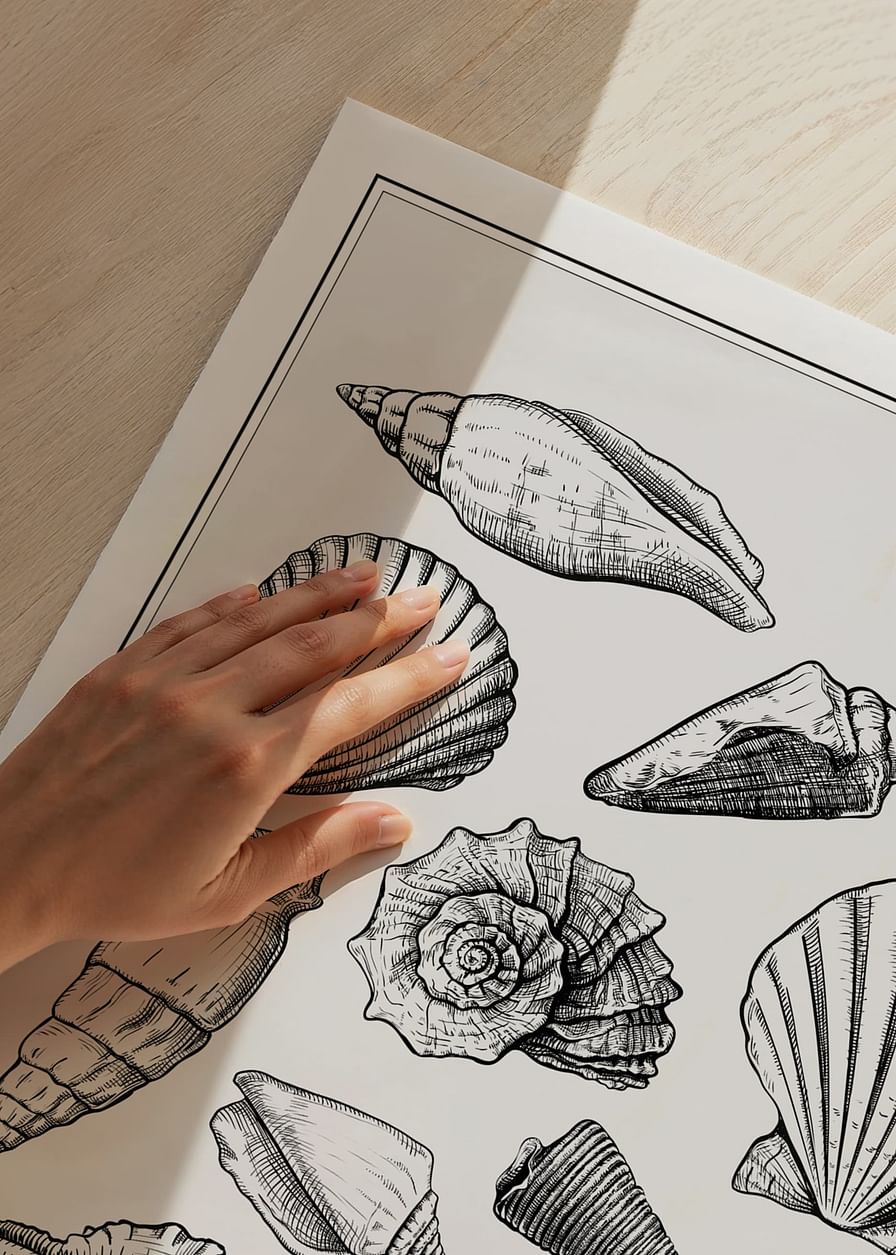 Poster cu o ilustrație de epocă a unui colaj de scoici și stele de mare-12