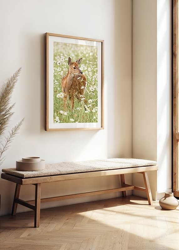 Poster med en bild på ett litet rådjur på en blommande äng-12