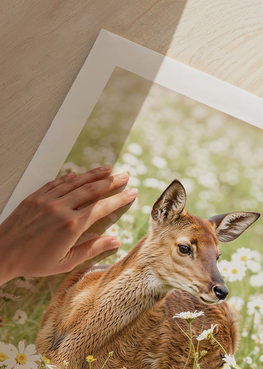Poster med en bild på ett litet rådjur på en blommande äng-12