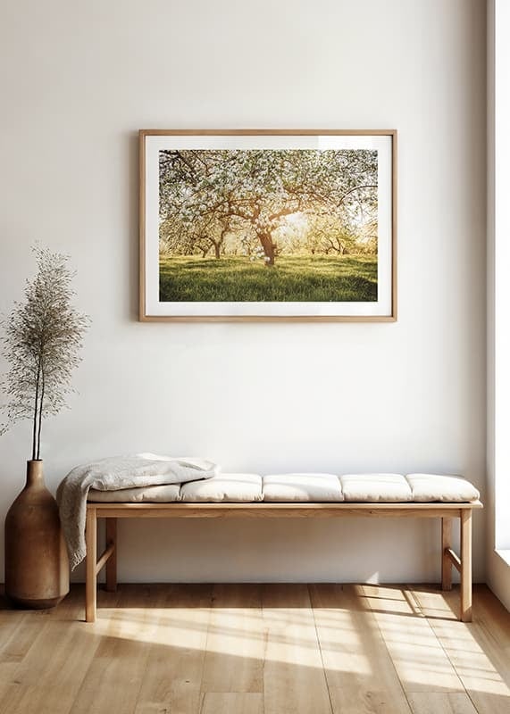 Poster with a beautiful tree on a blooming meadow at sunrise-12