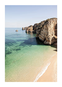 Poster with an image of a deserted beach and a crystal clear sea by a cliff-1