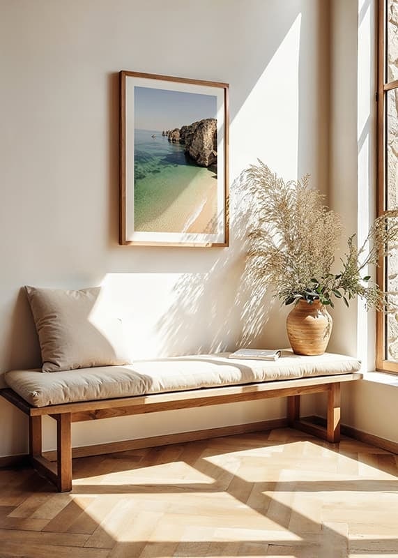 Poster with an image of a deserted beach and a crystal clear sea by a cliff-12