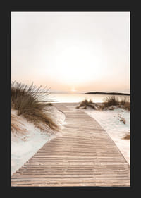 Poster med en strandväg bland sanddyner i solnedgång-5